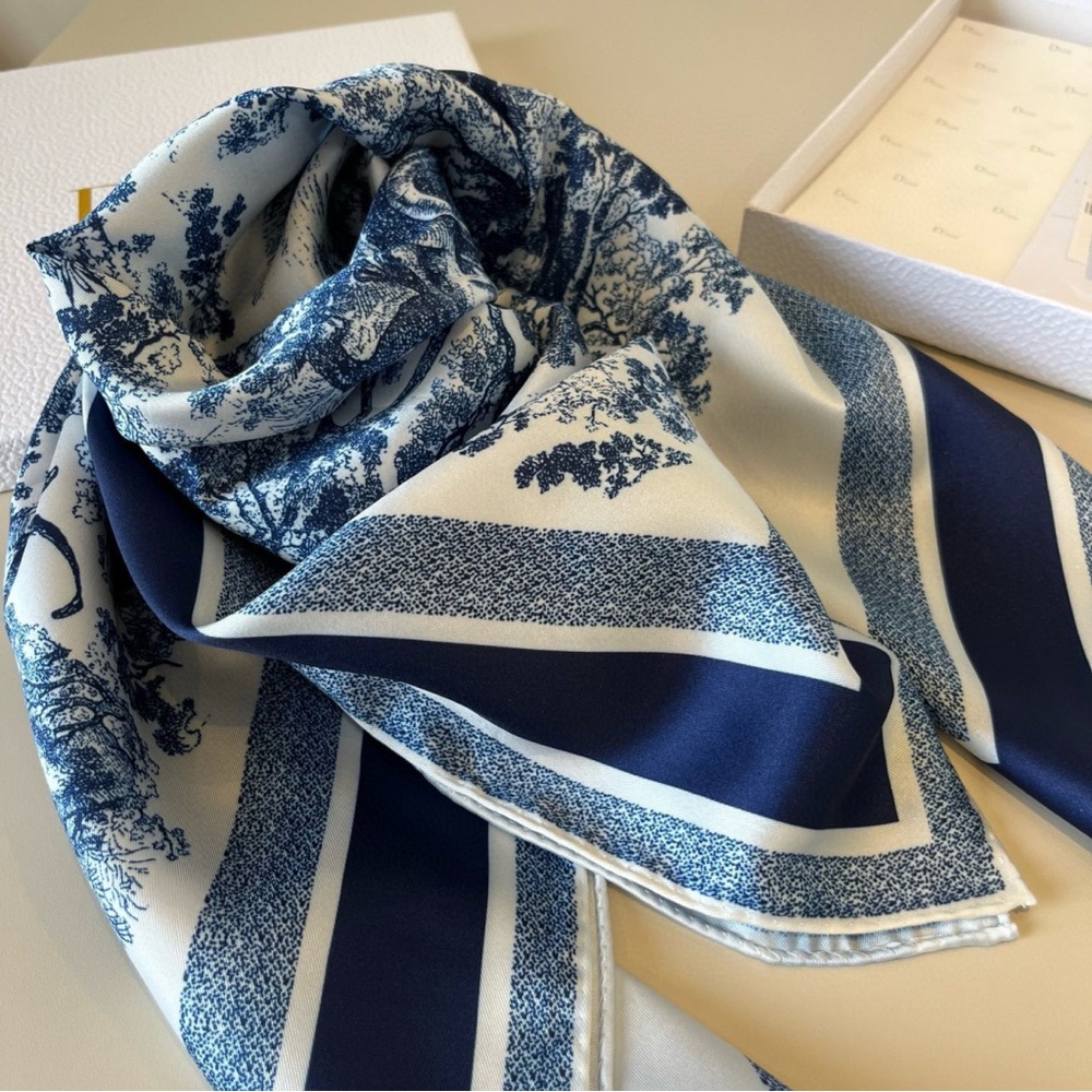 Dior Style Navy & White Toile de Jouy Print Silk Scarf - Picture 2 of 7